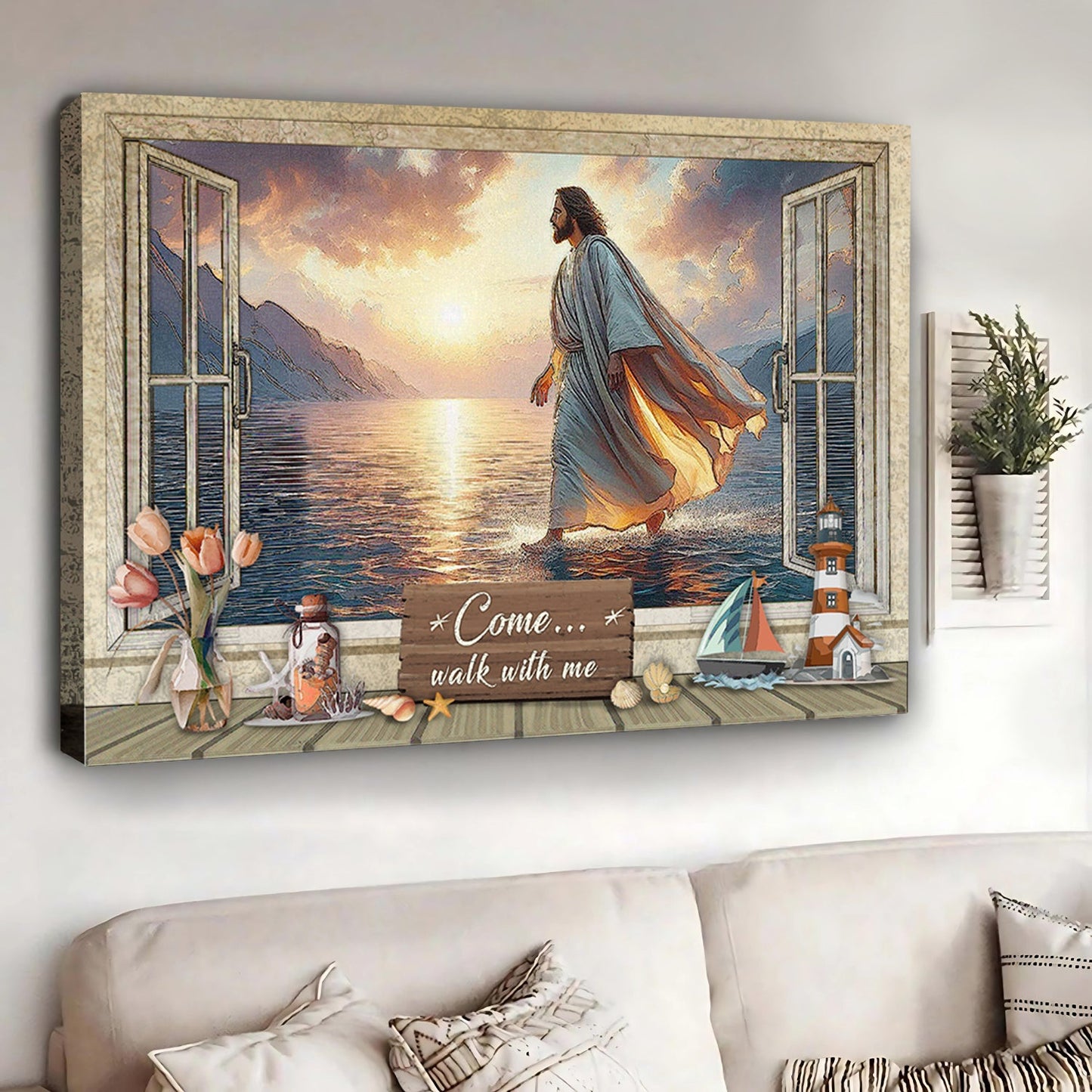 Come Walk With Me Faith Sign II canvas with a figure walking on water at sunset sign plaque on Tampa Home & Garden Store
