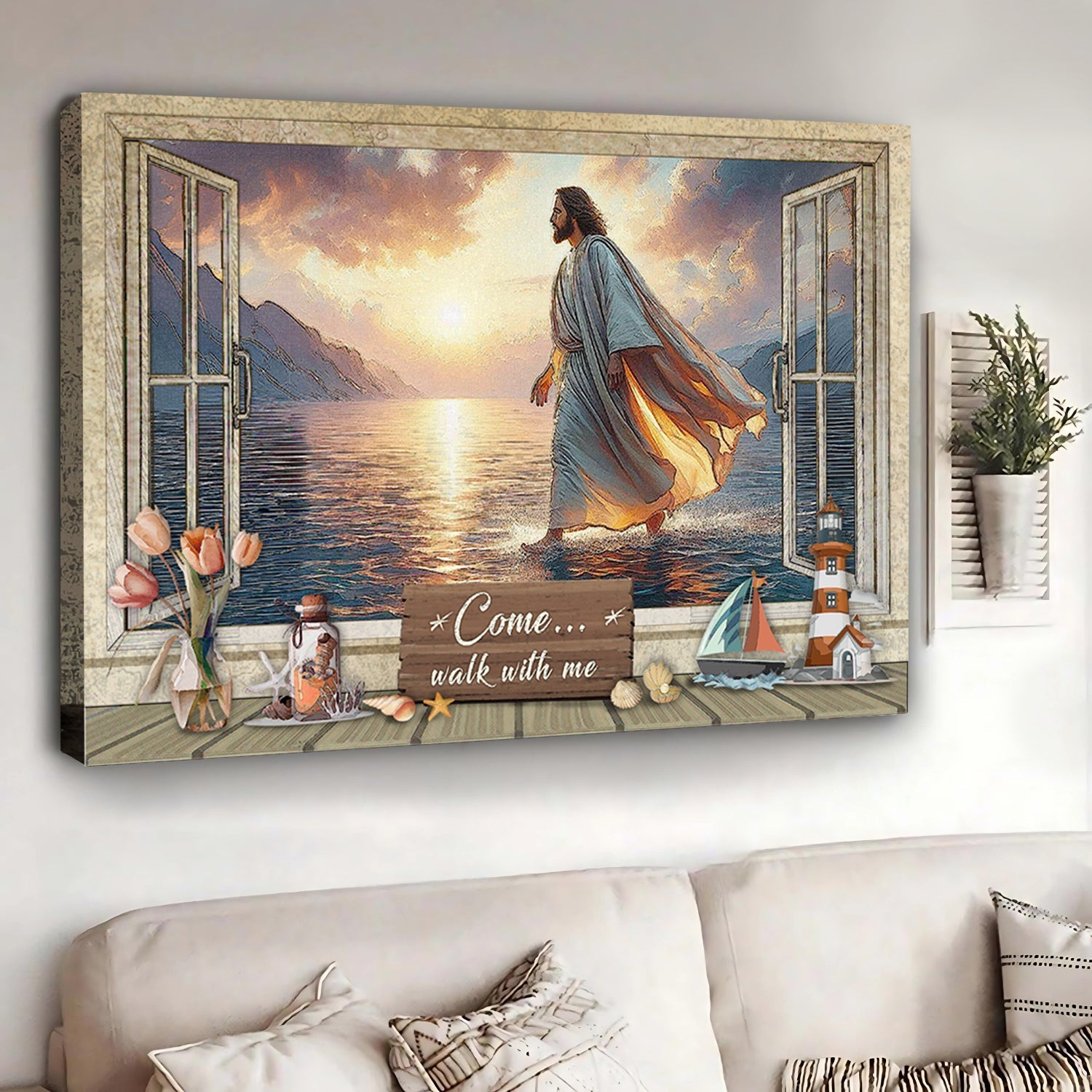 Come Walk With Me Faith Sign II canvas with a figure walking on water at sunset sign plaque on Tampa Home & Garden Store