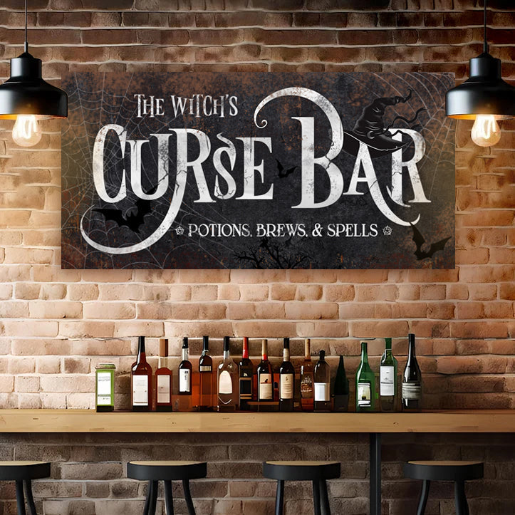 Canvas sign The Witch's Curse Bar by Tailored Canvases with spooky typography and bottles on Tampa Home & Garden Store