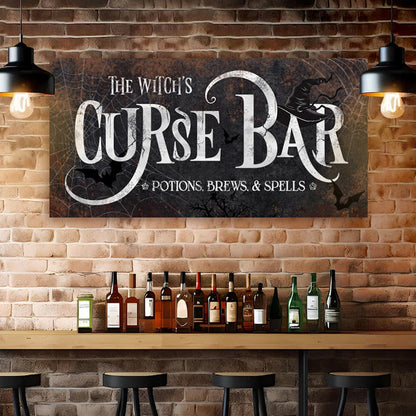 Canvas sign The Witch's Curse Bar by Tailored Canvases with spooky typography and bottles on Tampa Home & Garden Store