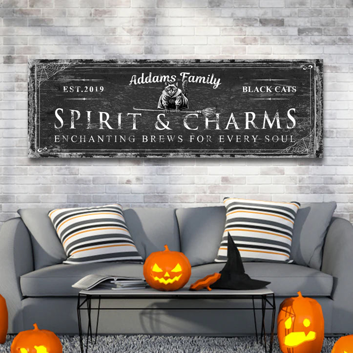 Black Cat Spirits & Charms Halloween Sign canvas by Tailored Canvases, pumpkin decor on Tampa Home & Garden Store