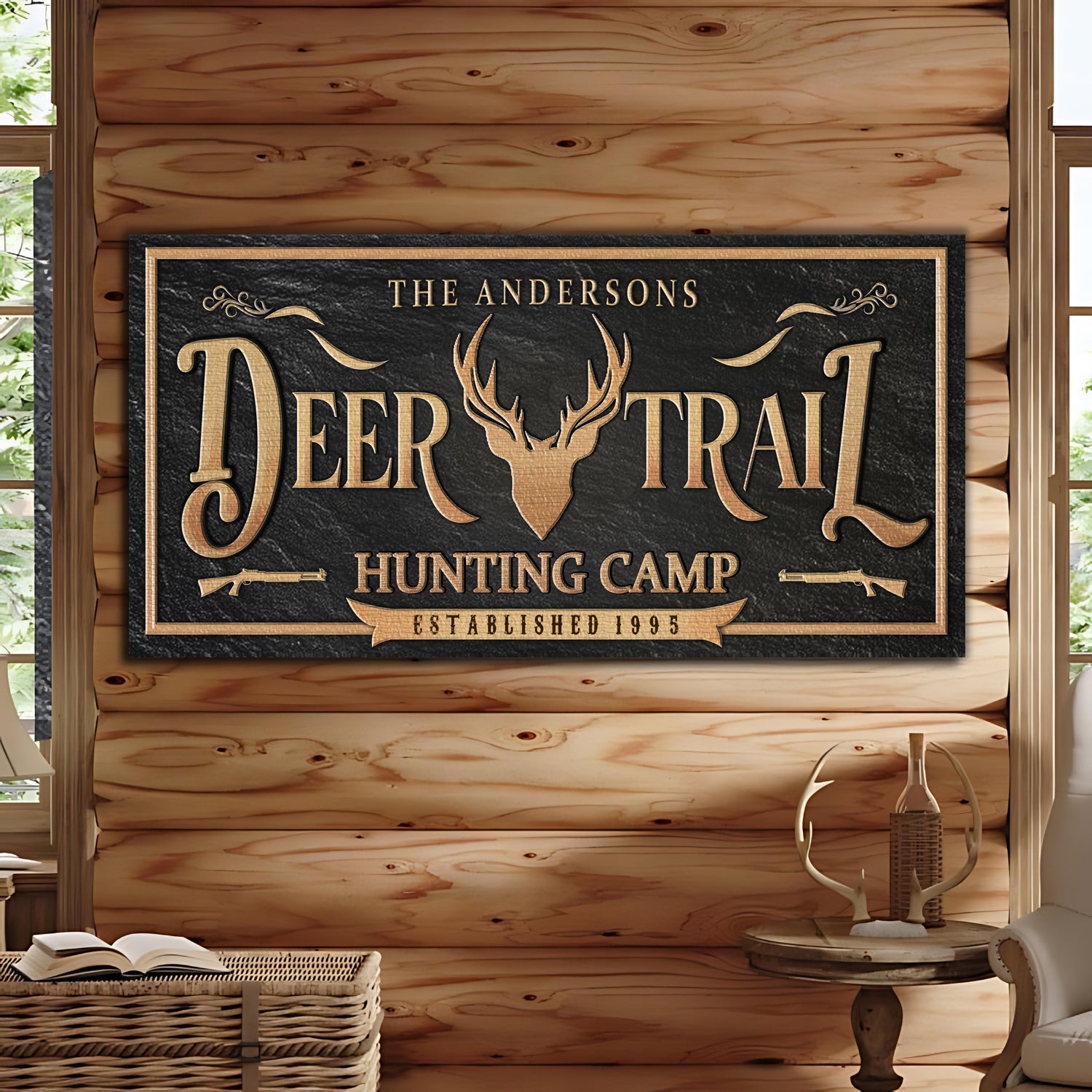 Canvas sign Deer Trail hunting camp by Tailored Canvases with gold lettering and deer antlers on Tampa Home & Garden Store