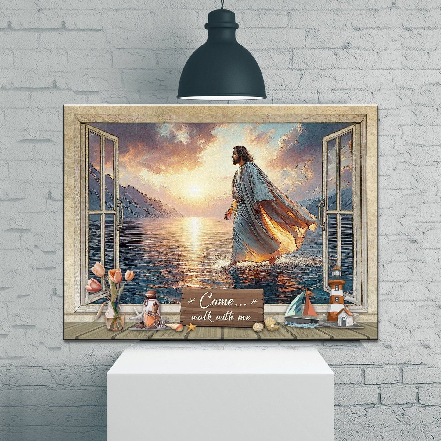 Come Walk With Me Faith Sign II canvas Tailored Canvases robed figure steps into sunset sea on Tampa Home & Garden Store