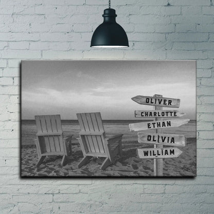 Monochrome Beach Name Sign canvas by Tailored Canvases with signpost and chairs on Tampa Home & Garden Store