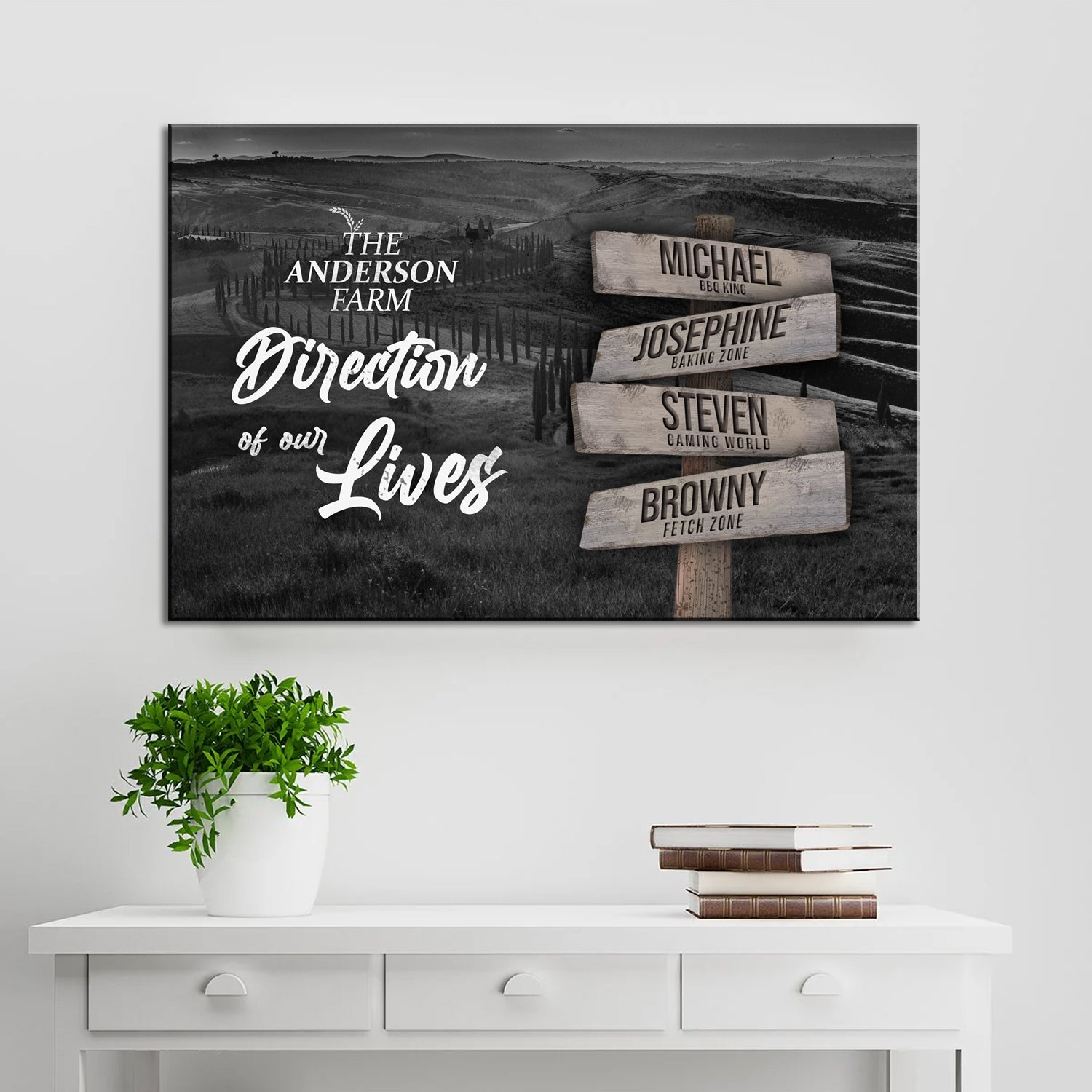 Canvas sign Direction Of Our Lives Farm Names Sign; 4-plank wooden posts on Tampa Home & Garden Store