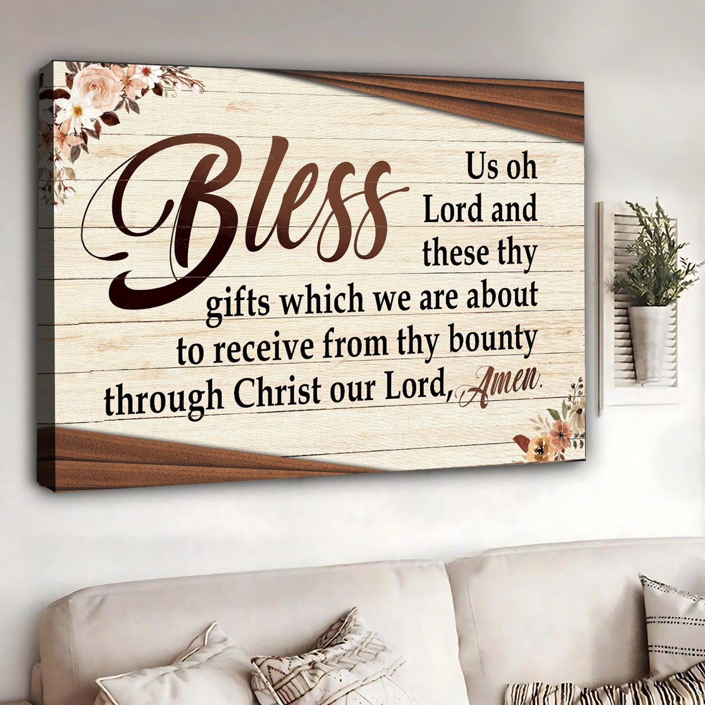 Bless Us Oh Lord Faith Sign III canvas wall art by Tailored Canvases with wood grain backdrop on Tampa Home & Garden Store