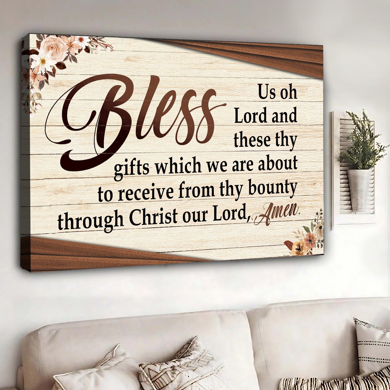 Bless Us Oh Lord Faith Sign III canvas wall art by Tailored Canvases with wood grain backdrop on Tampa Home & Garden Store