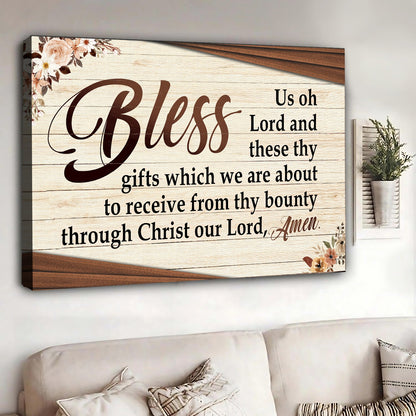 Bless Us Oh Lord Faith Sign III canvas wall art by Tailored Canvases with wood grain backdrop on Tampa Home & Garden Store