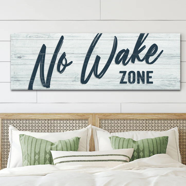 No Wake Zone Sign XVI canvas Tailored Canvases with navy lettering on distressed light wood on Tampa Home & Garden Store