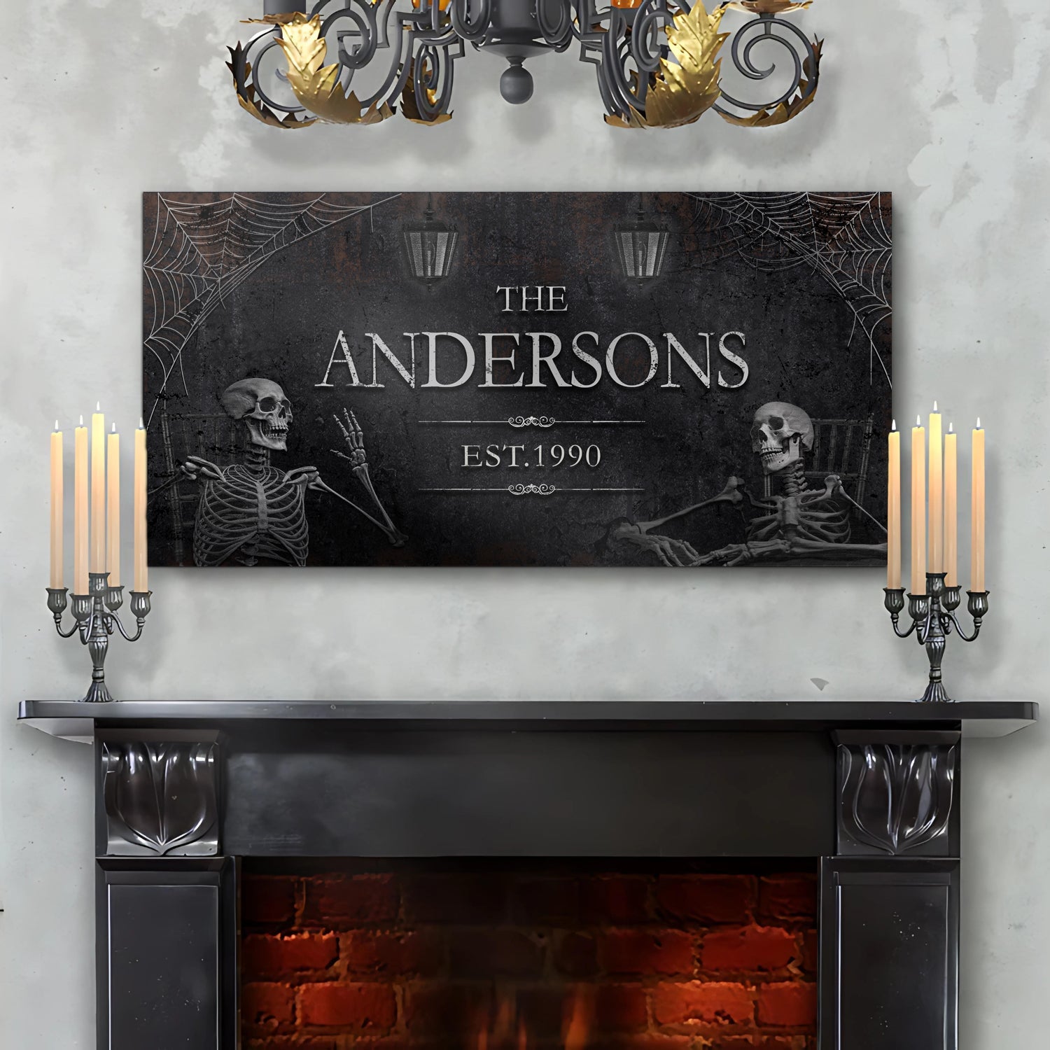 Personalized Gothic Sign VI canvas by Tailored Canvases with skeletons and cobwebs on dark backdrop EST.1990 on Tampa Home & Garden Store