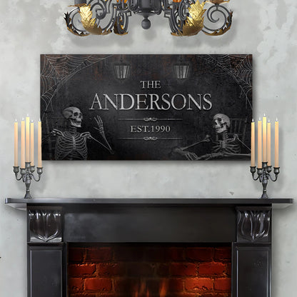 Personalized Gothic Sign VI canvas by Tailored Canvases with skeletons and cobwebs on dark backdrop EST.1990 on Tampa Home & Garden Store