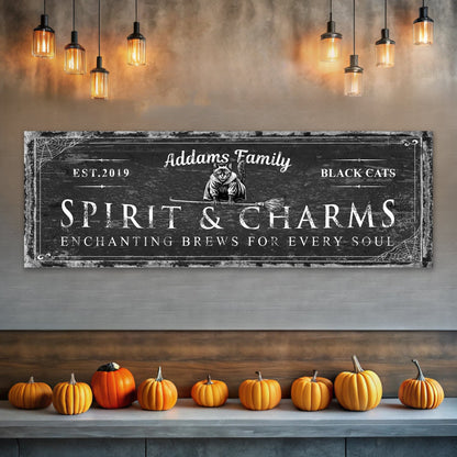 Canvas sign Black Cat’s Spirits & Charms Bar Halloween Sign Tailored Canvases cat on broom on Tampa Home & Garden Store
