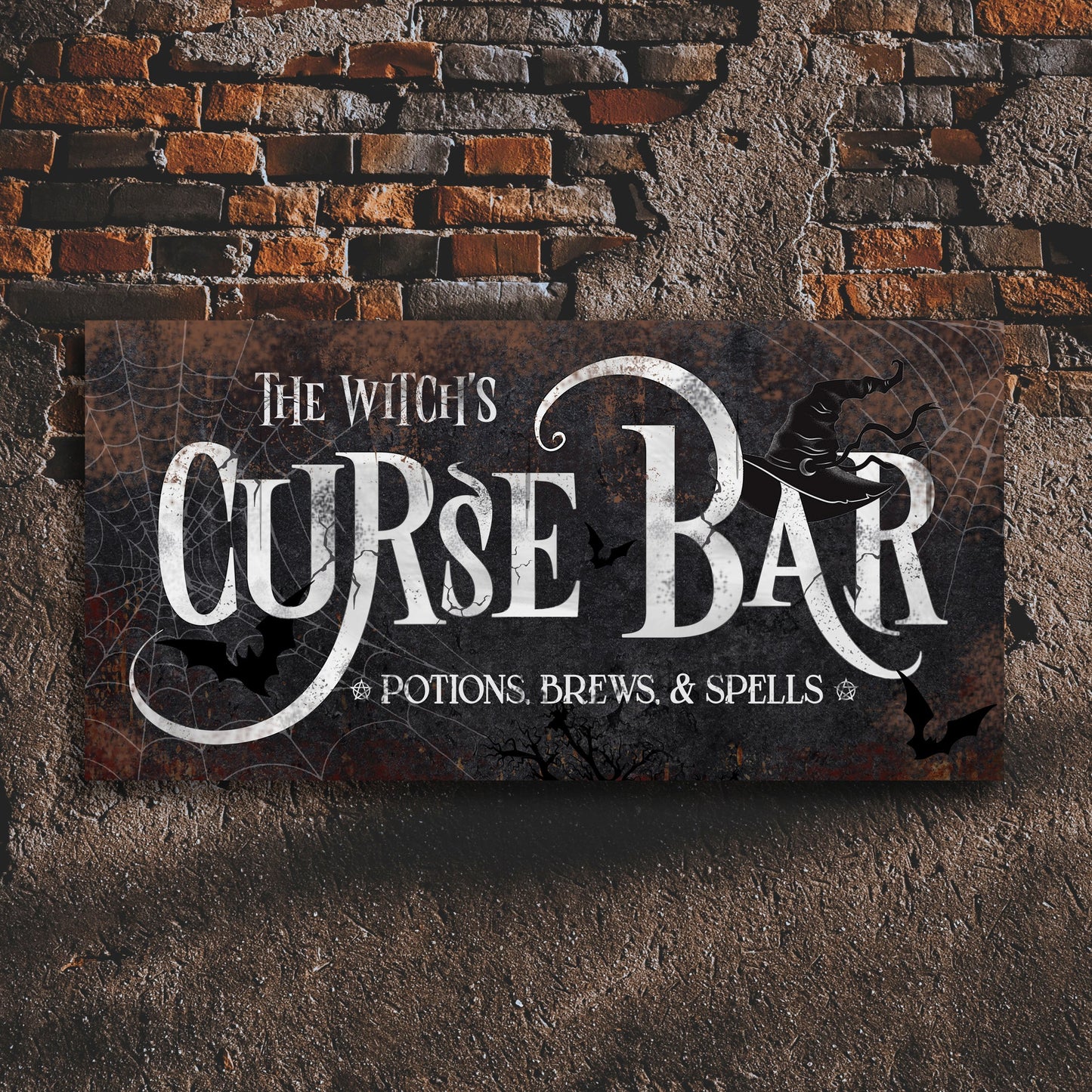 Canvas sign The Witch's Curse Bar with gothic text, spider webs and bats on a brick backdrop on Tampa Home & Garden Store