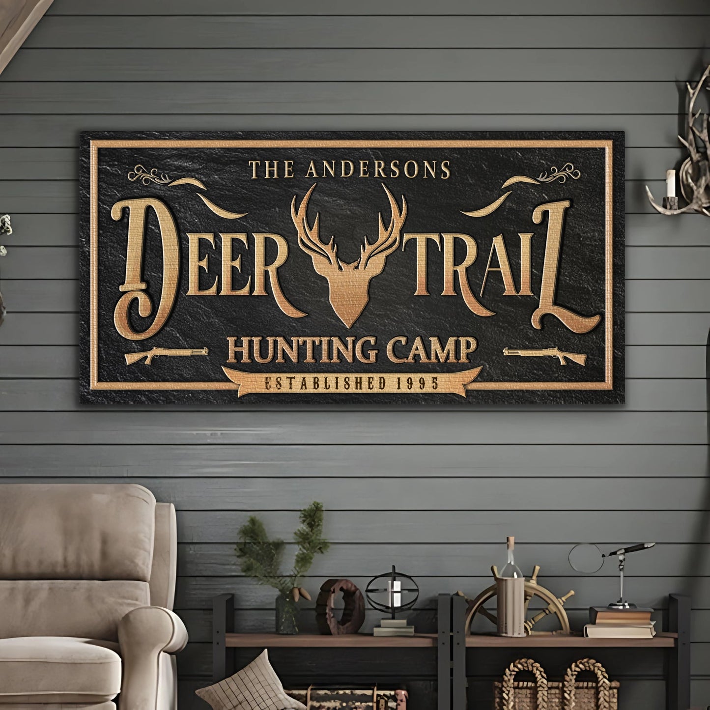 Canvas black deer trail hunting camp sign with elk head, gold lettering Tailored Canvases on Tampa Home & Garden Store