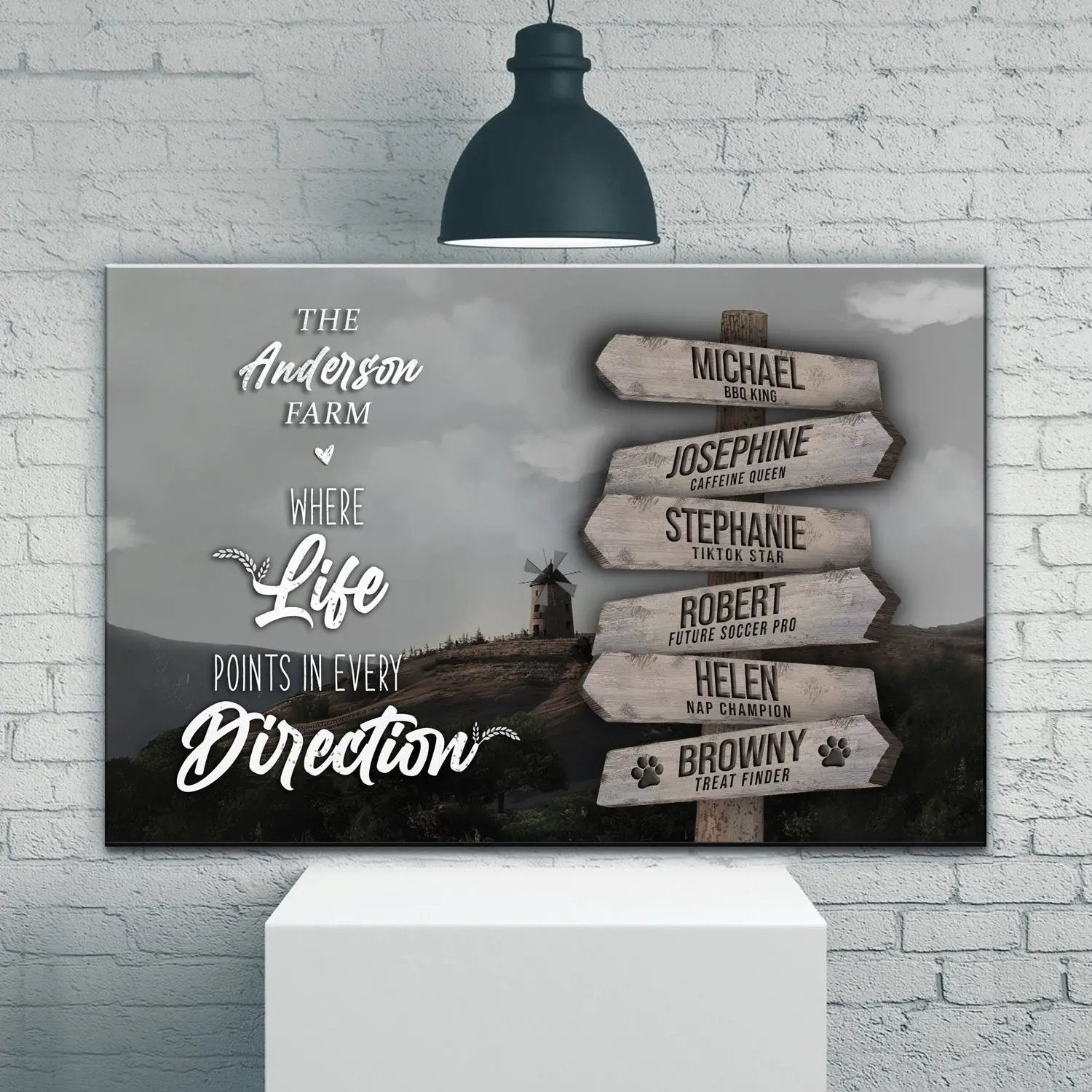 Canvas art Where Life Points in Every Direction Farm Names Sign II with wooden arrows on Tampa Home & Garden Store