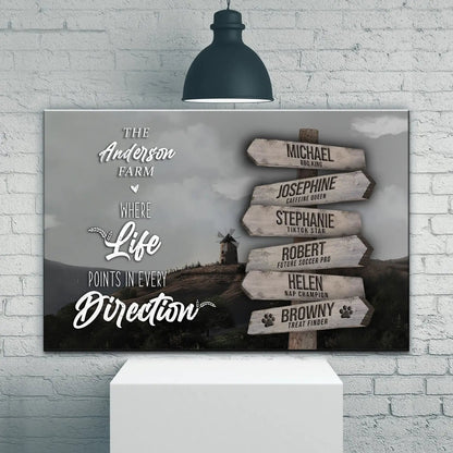 Canvas art Where Life Points in Every Direction Farm Names Sign II with wooden arrows on Tampa Home & Garden Store