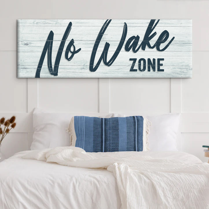 No Wake Zone Sign XVI canvas wall art with light blue distressed wood and navy lettering on Tampa Home & Garden Store
