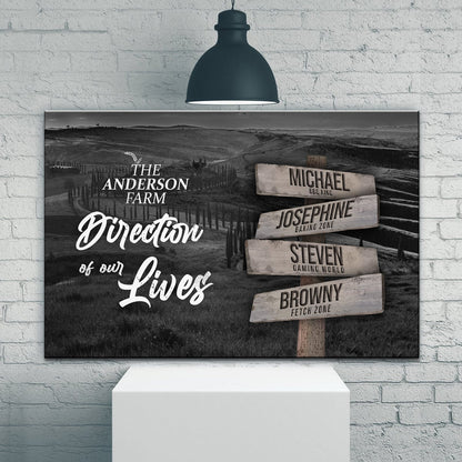 Canvas wall art Direction Of Our Lives Family Farm Names Sign with wooden name planks on Tampa Home & Garden Store