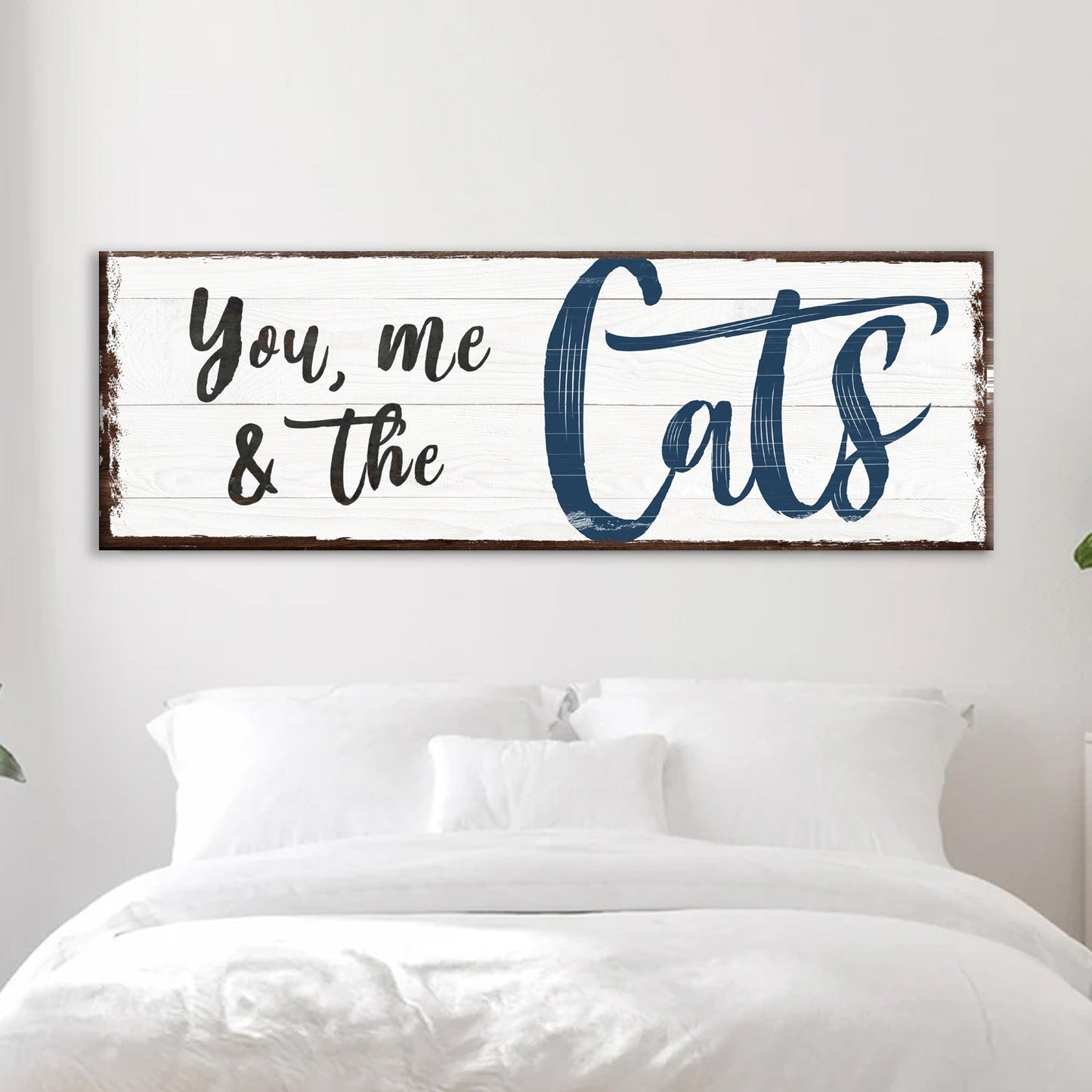 You, Me, And The Cats Sign canvas with navy Cats on whitewashed wood panel, brown frame on Tampa Home & Garden Store