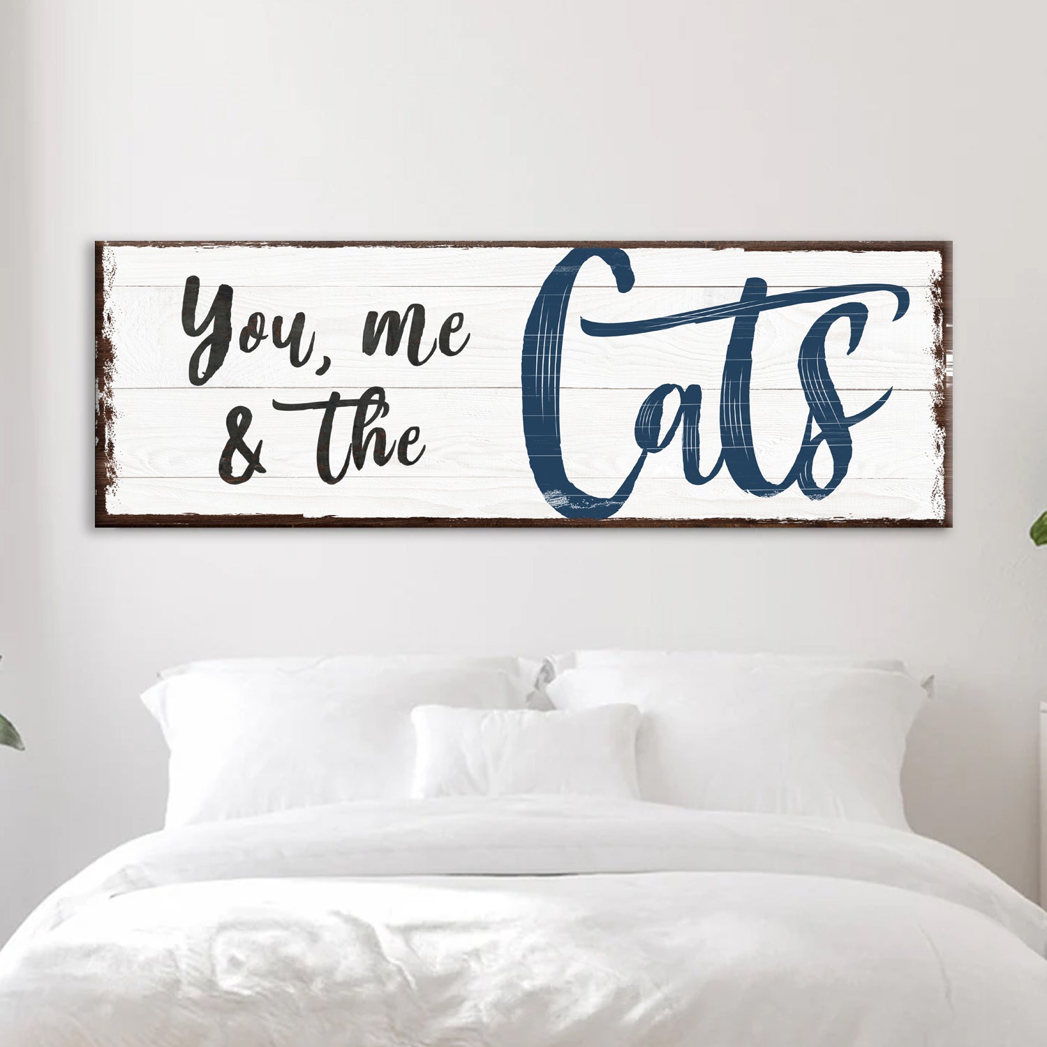 You, Me, And The Cats Sign canvas with navy Cats on whitewashed wood panel, brown frame on Tampa Home & Garden Store