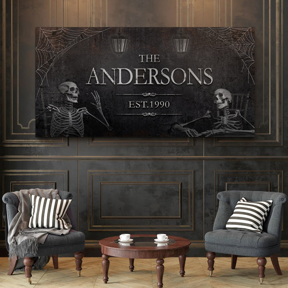 Personalized Gothic Sign VI canvas by Tailored Canvases with dark backdrop and skeletons on Tampa Home & Garden Store
