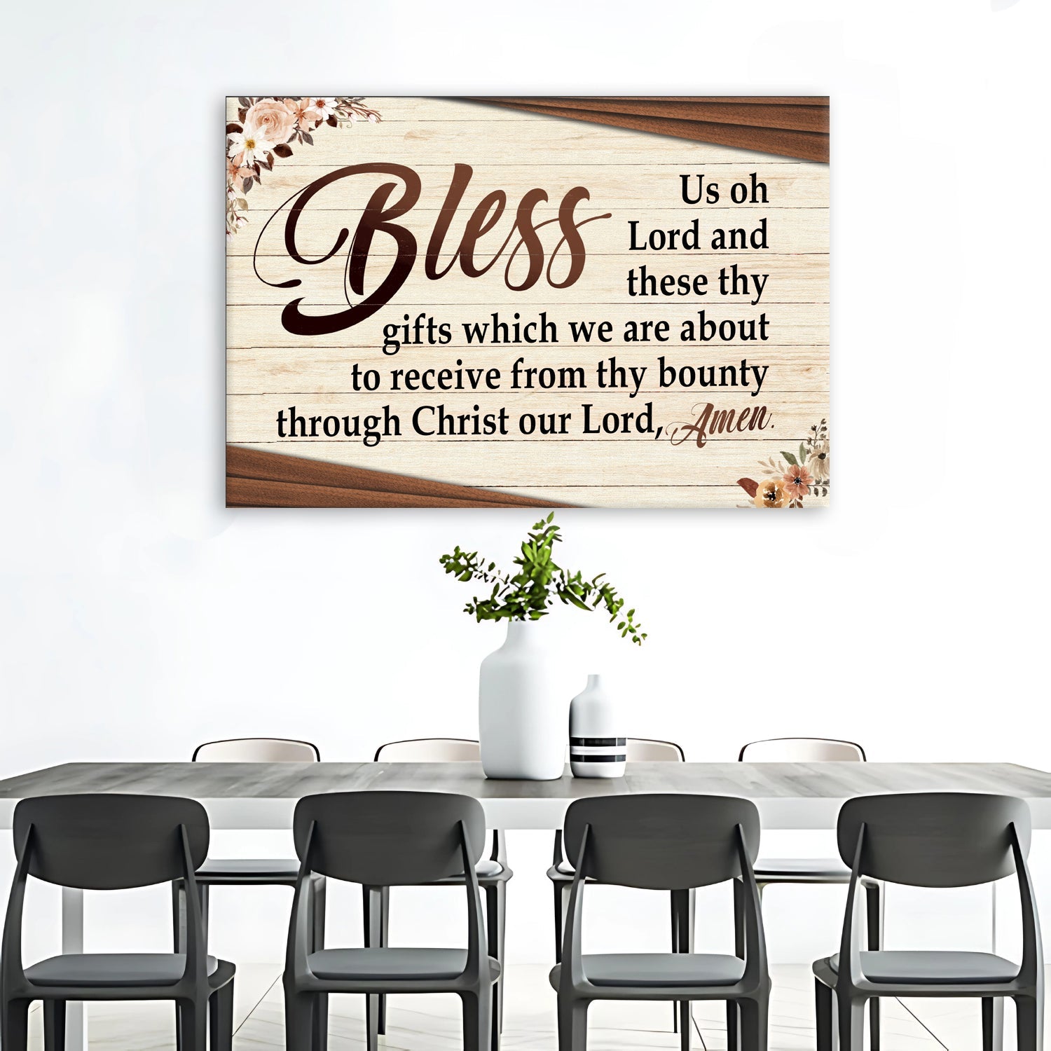 Bless Us Oh Lord Faith Sign III canvas by Tailored Canvases with wood backdrop and florals on Tampa Home & Garden Store