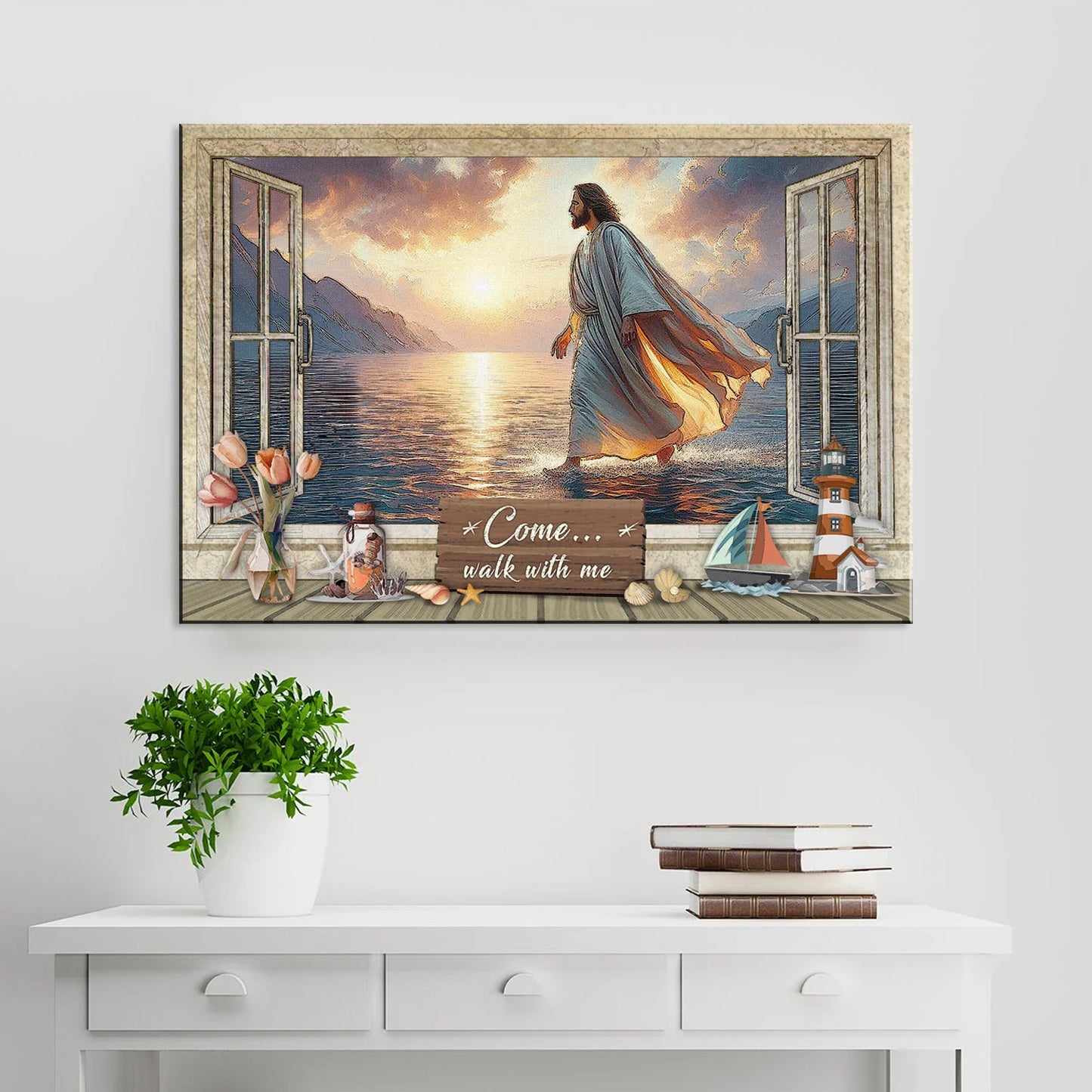 Come Walk With Me Faith Sign II canvas seascape with figure walking on water at sunset on Tampa Home & Garden Store