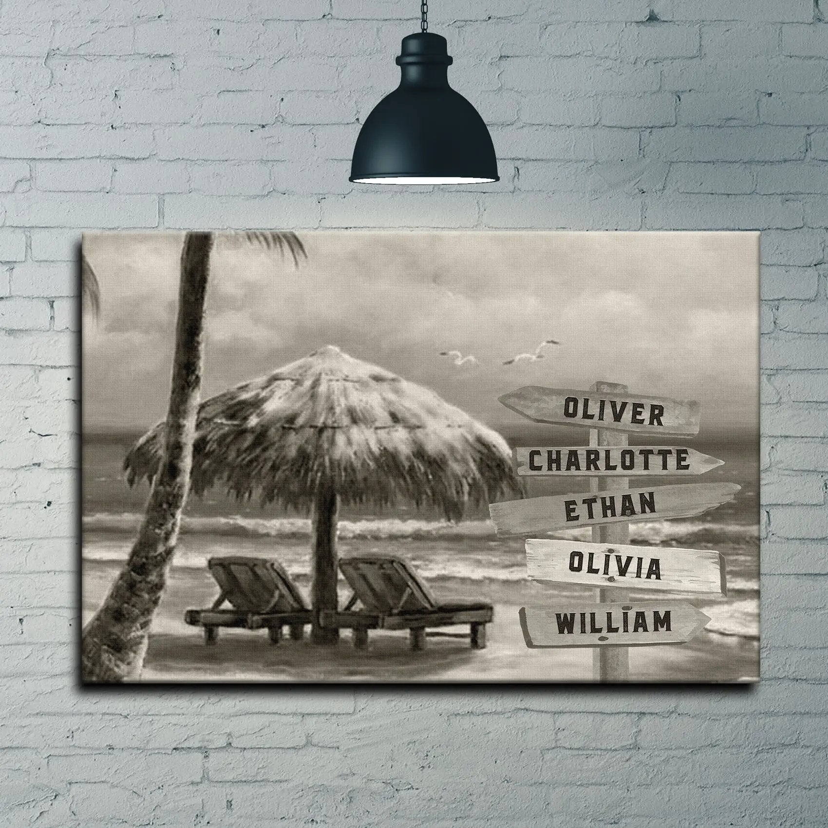 Monochrome beach name sign canvas by Tailored Canvases with palm and signpost names on Tampa Home & Garden Store