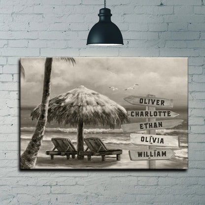 Monochrome beach name sign canvas by Tailored Canvases with palm and signpost names on Tampa Home & Garden Store