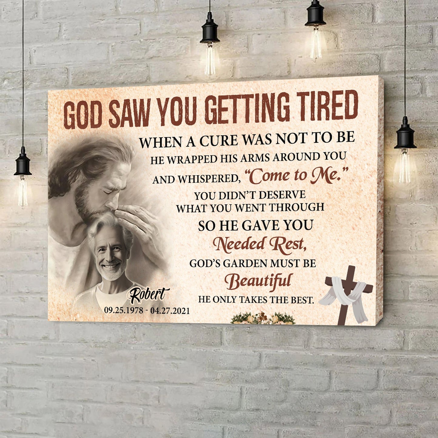 Personalized God Saw You Getting Tired Memorial Sign III canvas by Tailored Canvases, beige cross on Tampa Home & Garden Store