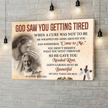 Personalized God Saw You Getting Tired Memorial Sign III canvas by Tailored Canvases, beige cross on Tampa Home & Garden Store