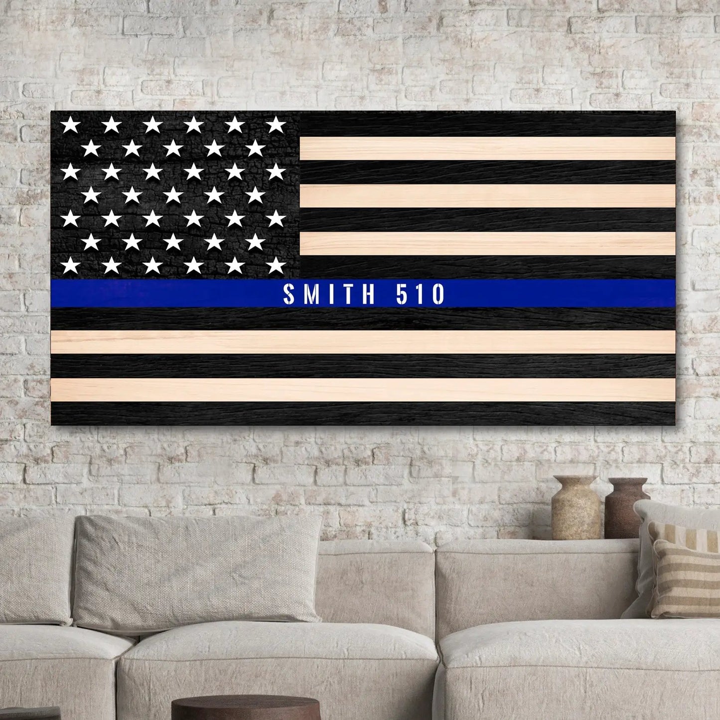 Police Officer Sign canvas by Tailored Canvases with black flag field, blue stripe SMITH 510 on Tampa Home & Garden Store