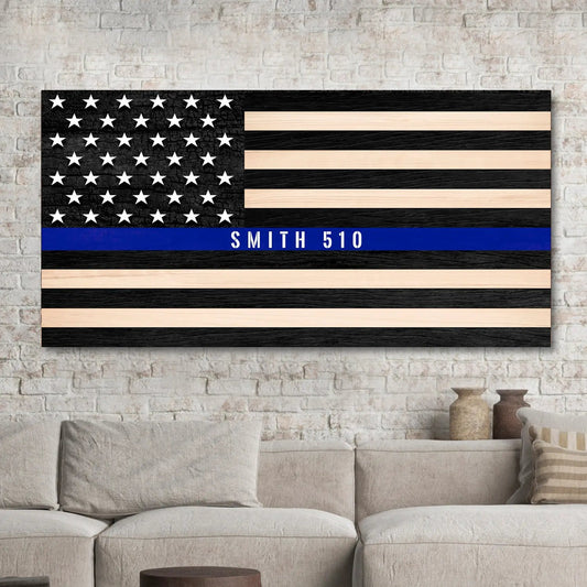 Police Officer Sign canvas by Tailored Canvases with black flag field, blue stripe SMITH 510 on Tampa Home & Garden Store