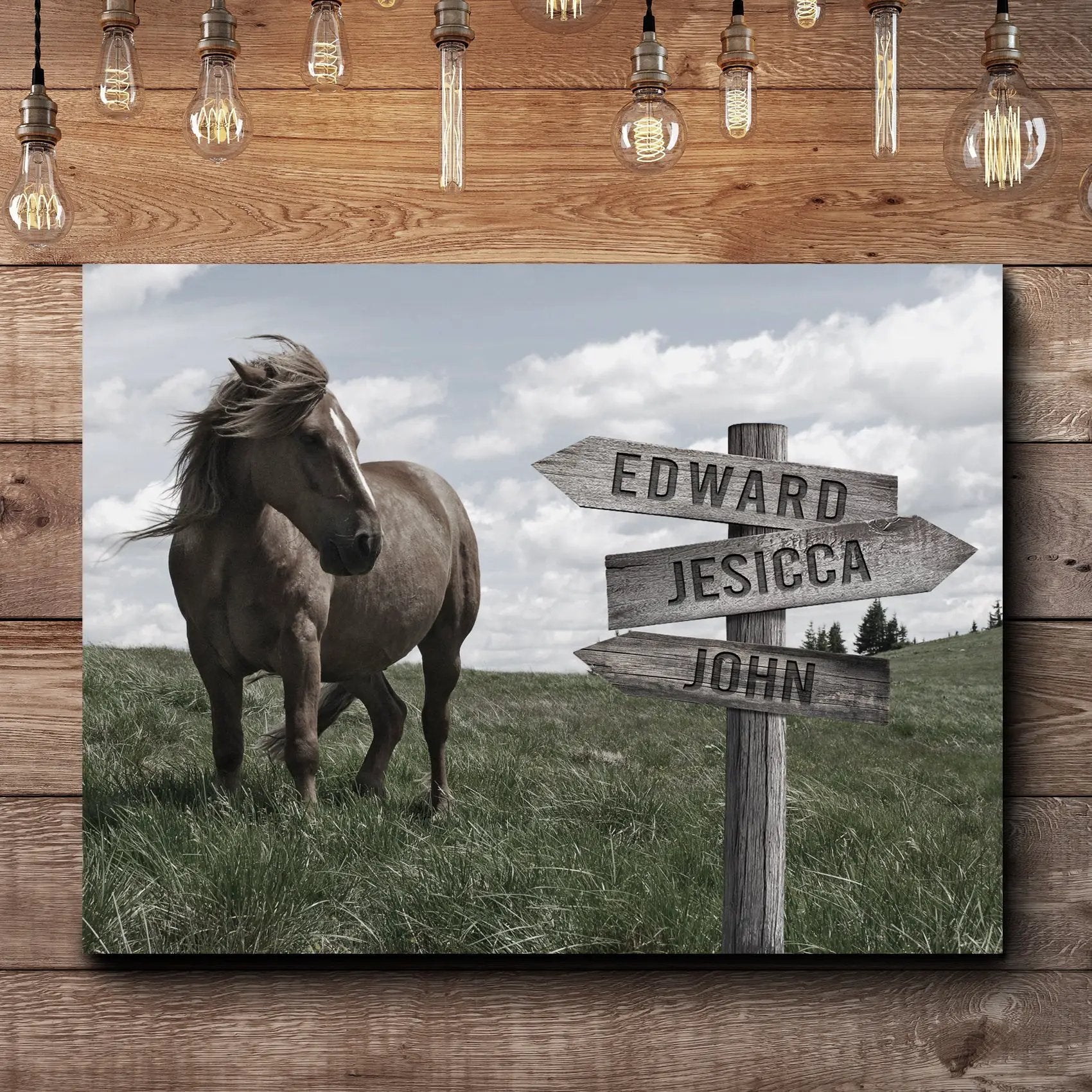Classic Horse Family Name Sign canvas print with a brown horse and Edward Jessica John signs on Tampa Home & Garden Store