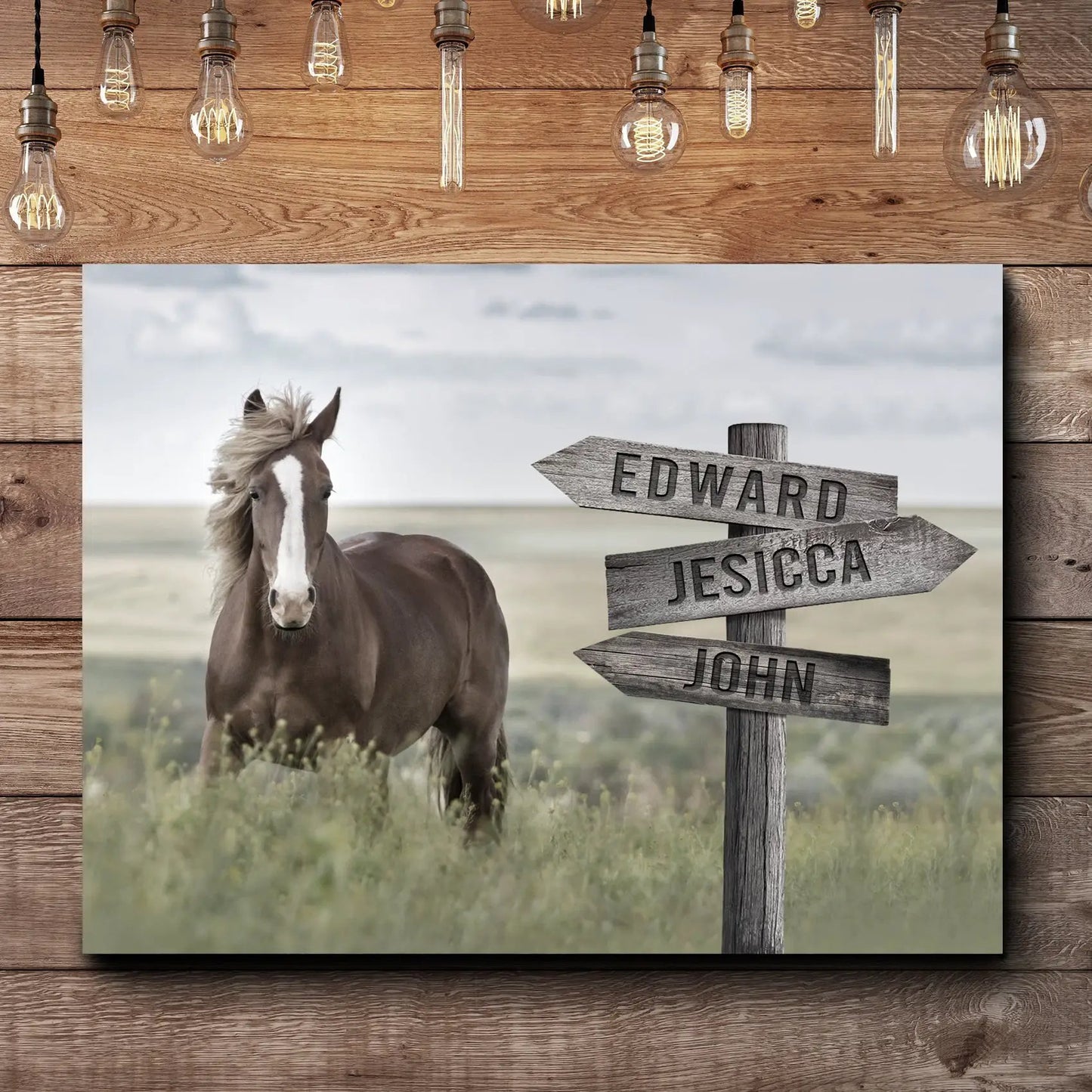 Classic Horse Family Name Sign canvas print with a brown horse beside a weathered signpost on Tampa Home & Garden Store