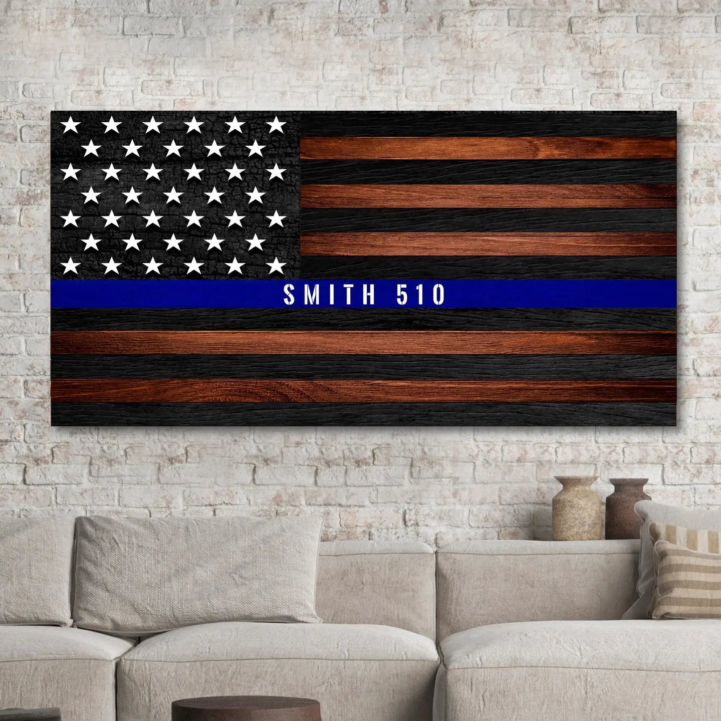 Police Officer Sign canvas rustic flag black wood copper stripes blue line SMITH 510 on Tampa Home & Garden Store