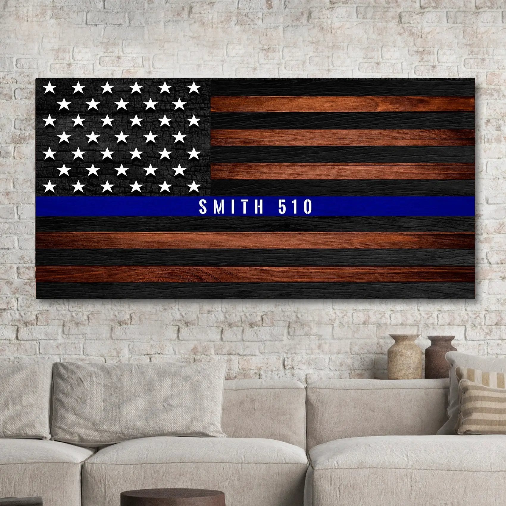Police Officer Sign canvas rustic flag black wood copper stripes blue line SMITH 510 on Tampa Home & Garden Store