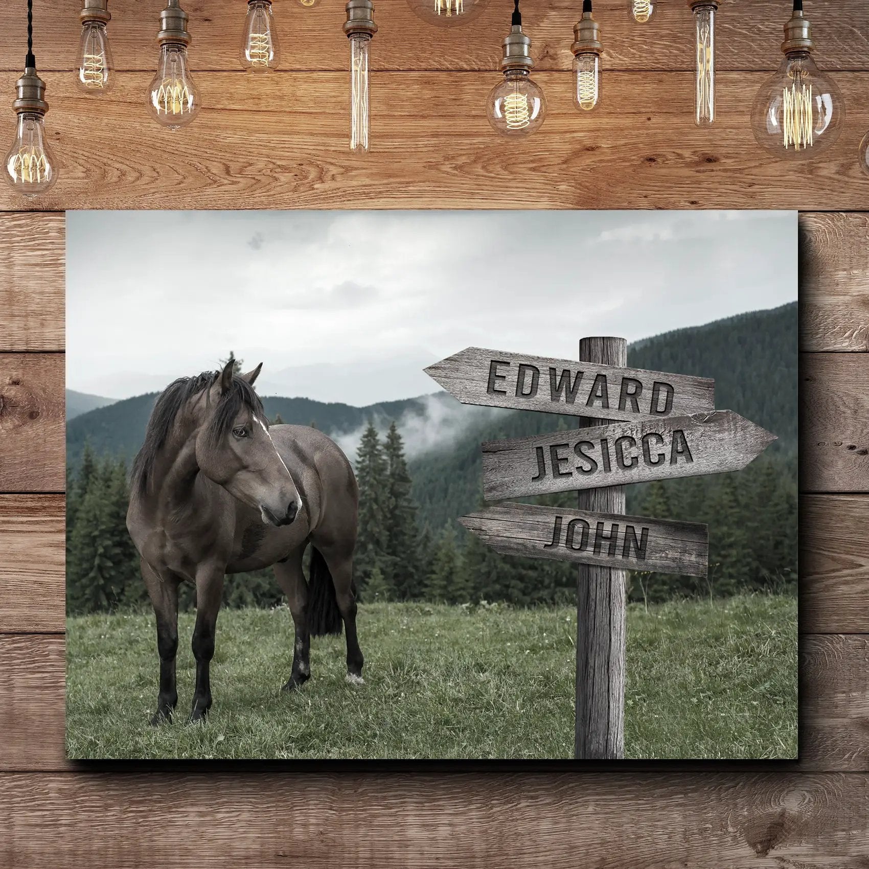 Classic Horse Family Name Sign canvas art: horse beside rustic signpost with EDWARD, JESSICA, JOHN on Tampa Home & Garden Store