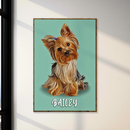 Pet Pastel Portrait Yorkshire Terrier Sign canvas by Tailored Canvases with teal background on Tampa Home & Garden Store