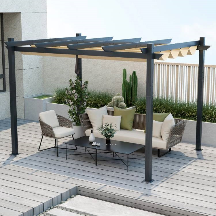 Modern 10 x 12 Ft Outdoor Sturdy Pergola Gazebo with Retractable Beige Canopy - Tampa Home & Garden Store