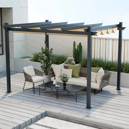 Modern 10 x 12 Ft Outdoor Sturdy Pergola Gazebo with Retractable Beige Canopy - Tampa Home & Garden Store