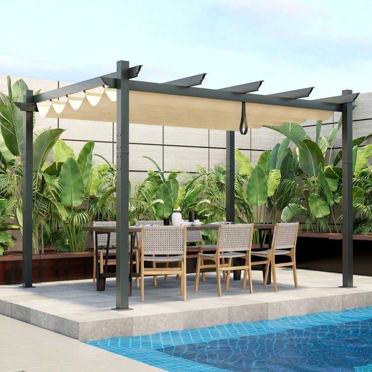 Modern 10 x 12 Ft Outdoor Sturdy Pergola Gazebo with Retractable Beige Canopy - Tampa Home & Garden Store