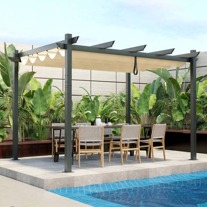 Modern 10 x 12 Ft Outdoor Sturdy Pergola Gazebo with Retractable Beige Canopy - Tampa Home & Garden Store