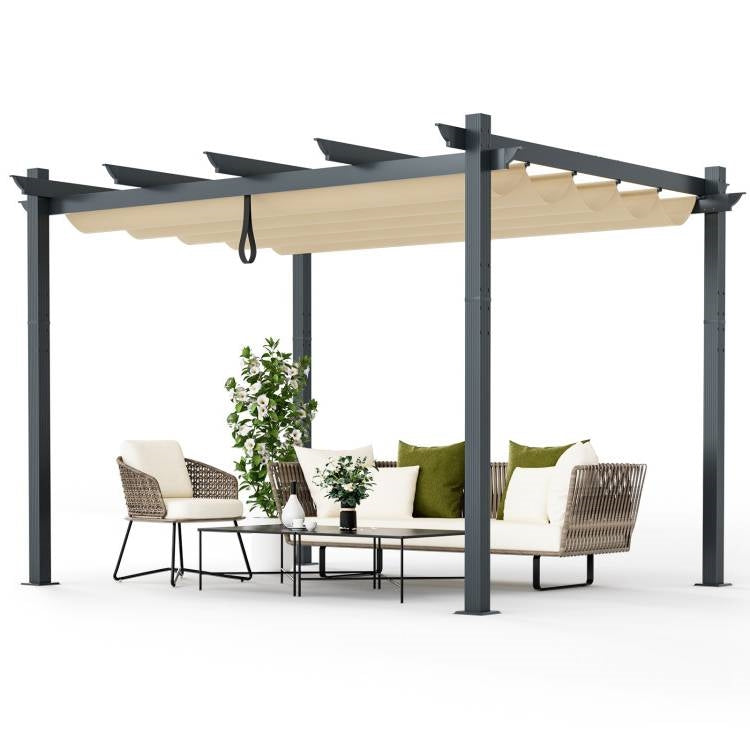 Modern 10 x 12 Ft Outdoor Sturdy Pergola Gazebo with Retractable Beige Canopy - Tampa Home & Garden Store