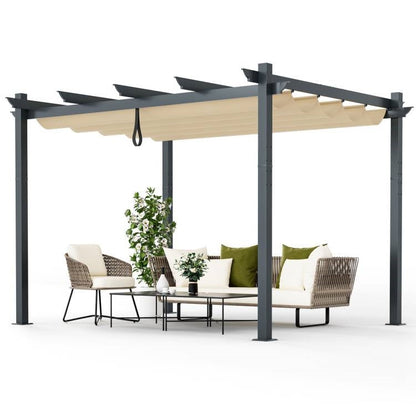 Modern 10 x 12 Ft Outdoor Sturdy Pergola Gazebo with Retractable Beige Canopy - Tampa Home & Garden Store