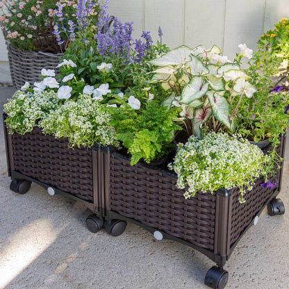 Modern 2-Piece Indoor Outdoor Raised Garden Planter Box on Wheels in PP Rattan - Tampa Home & Garden Store