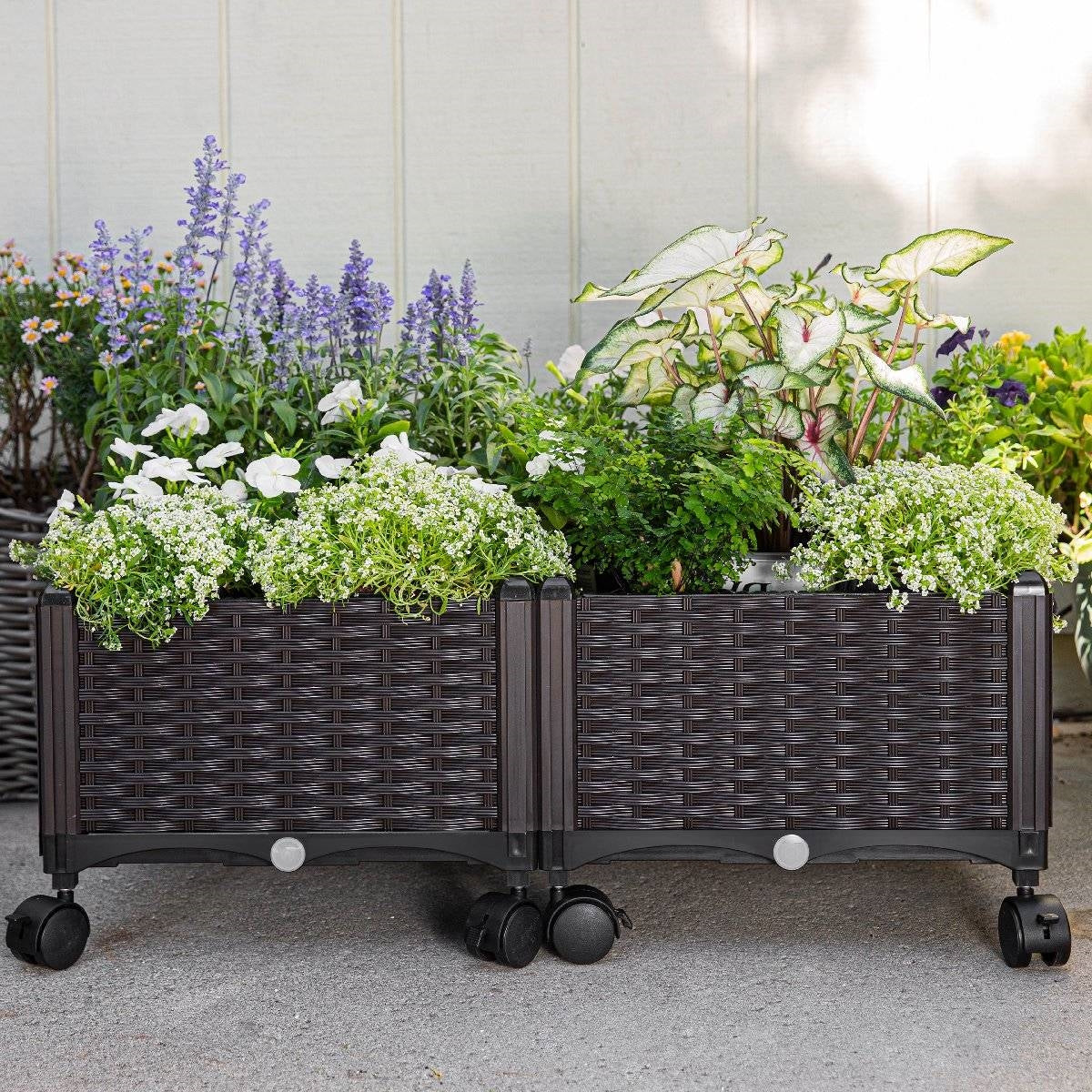 Modern 2-Piece Indoor Outdoor Raised Garden Planter Box on Wheels in PP Rattan - Tampa Home & Garden Store