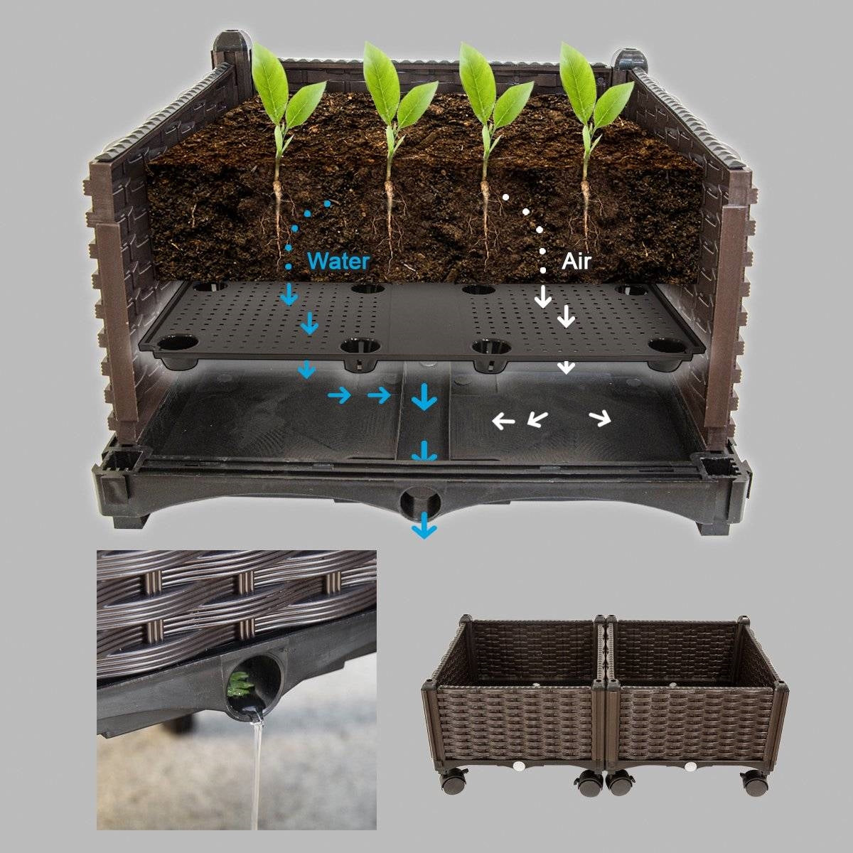 Modern 2-Piece Indoor Outdoor Raised Garden Planter Box on Wheels in PP Rattan - Tampa Home & Garden Store