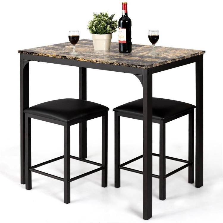 Modern 3-Piece Dining Set Brown Faux Marble Table-Top and 2 Black Chairs Stools - Tampa Home & Garden Store