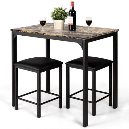 Modern 3-Piece Dining Set Brown Faux Marble Table-Top and 2 Black Chairs Stools - Tampa Home & Garden Store